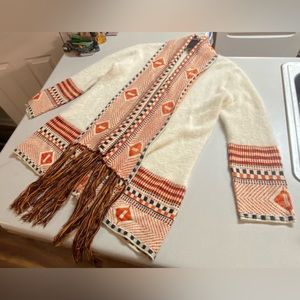 MaxSport Ivory & Orange Geometric Aztec Tassel-Accent Cardigan